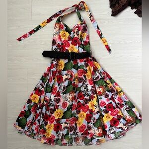 Hell Bunny Mexico 50's swing dress featuring a vibrant all-over print of roses